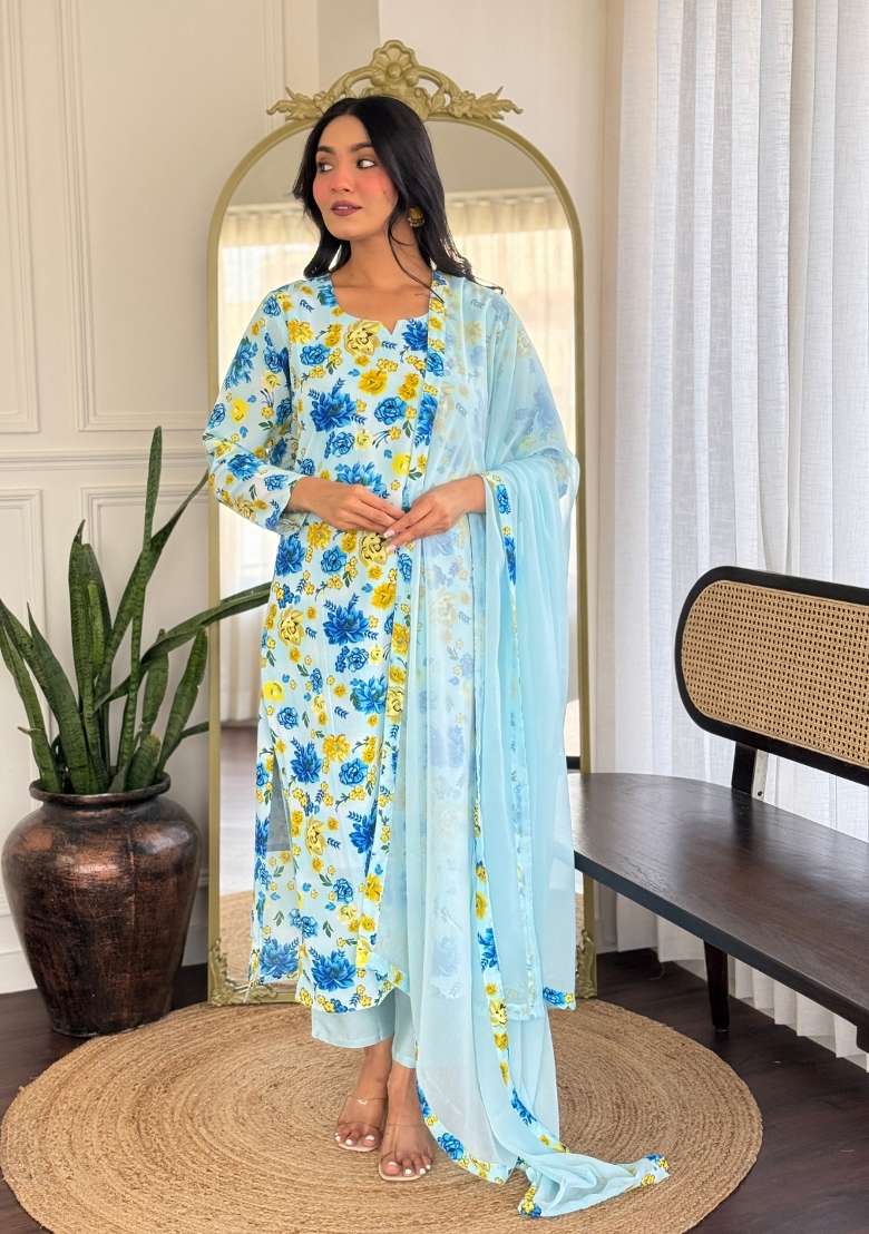 Sky Blue Solid Georgette Salwar Kameez With Dupatta - Indya