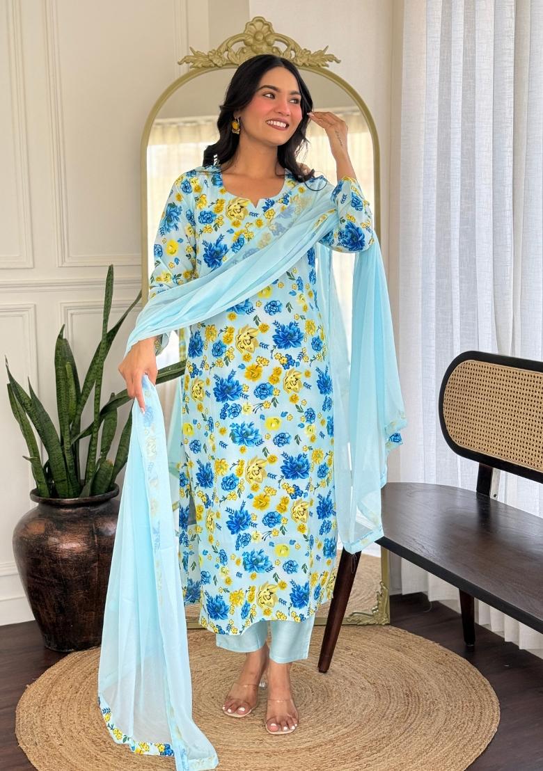 Sky Blue Solid Georgette Salwar Kameez With Dupatta