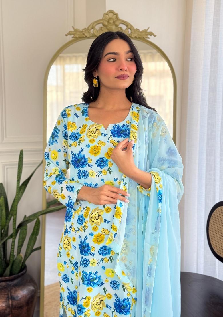 Sky Blue Solid Georgette Salwar Kameez With Dupatta