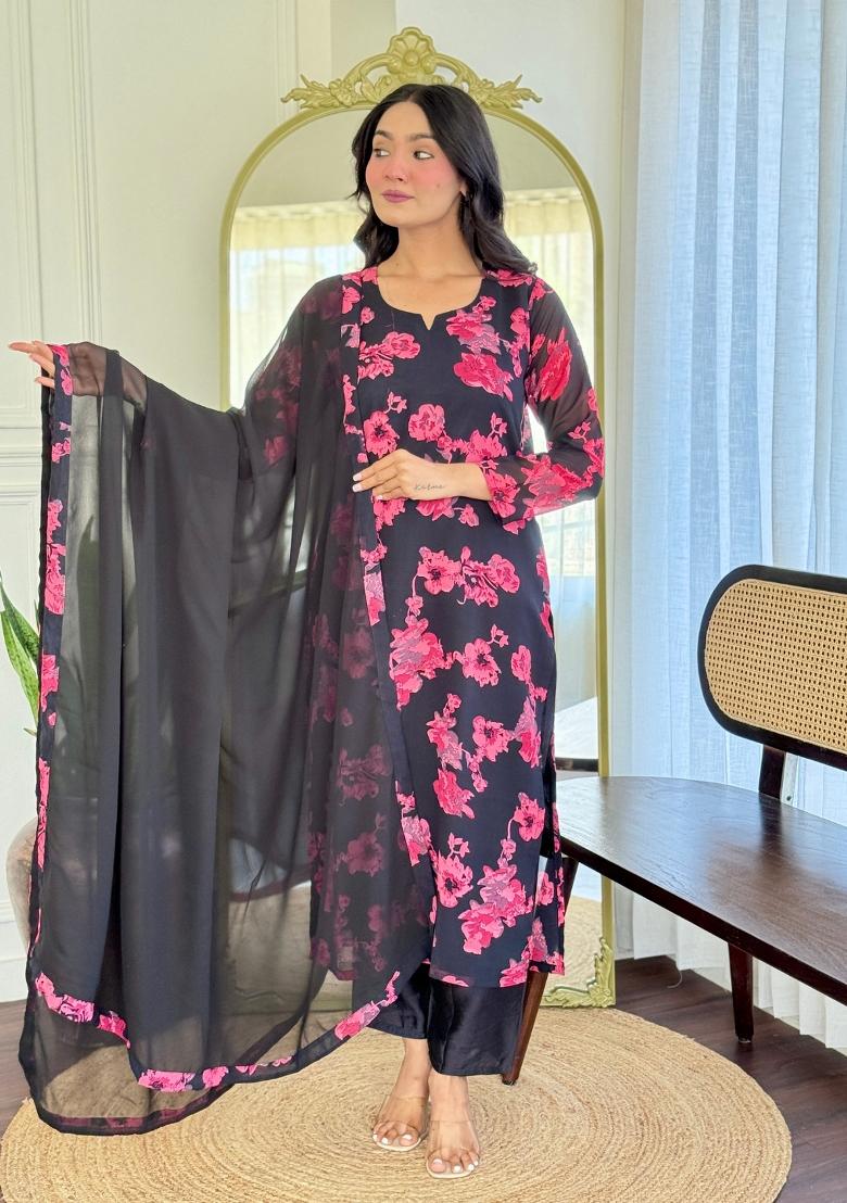 Black Solid Georgette Salwar Kameez With Dupatta