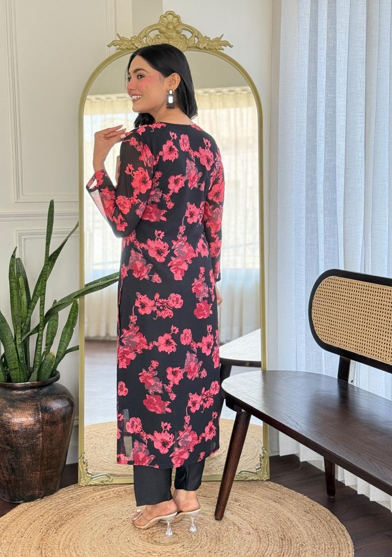 Black Solid Georgette Salwar Kameez With Dupatta