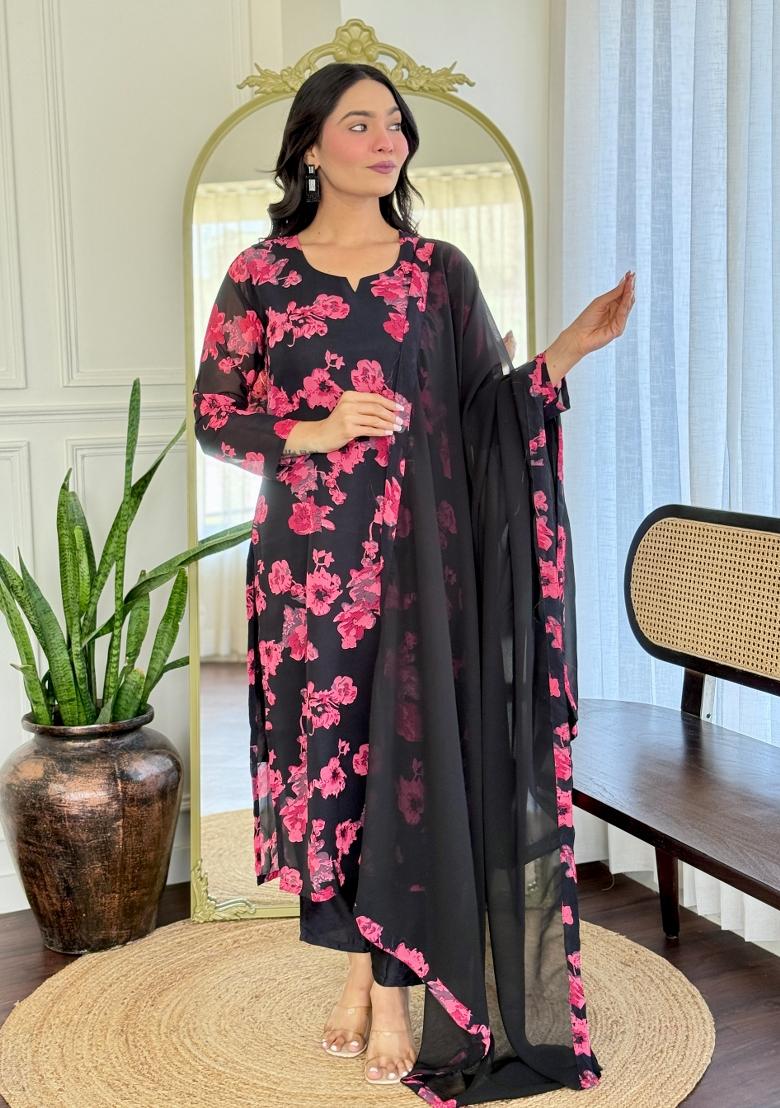 Black Solid Georgette Salwar Kameez With Dupatta