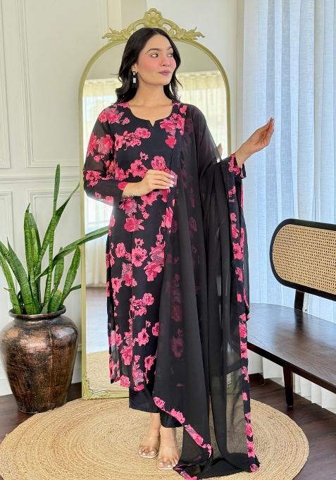 Black Solid Georgette Salwar Kameez With Dupatta