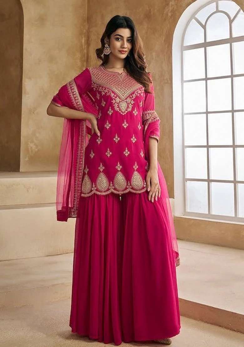 Pink Embroidered Georgette Salwar Kameez With Dupatta - Indya