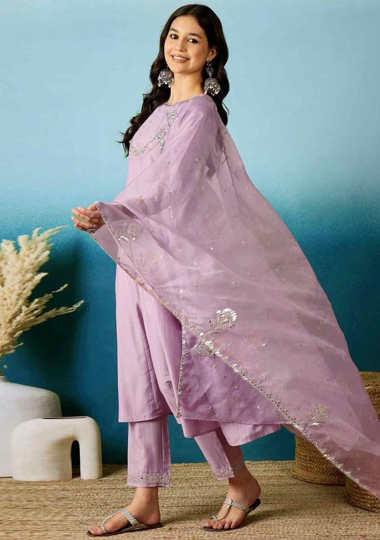 Lavender Embroidered Soft Silk Salwar Kameez With Dupatta