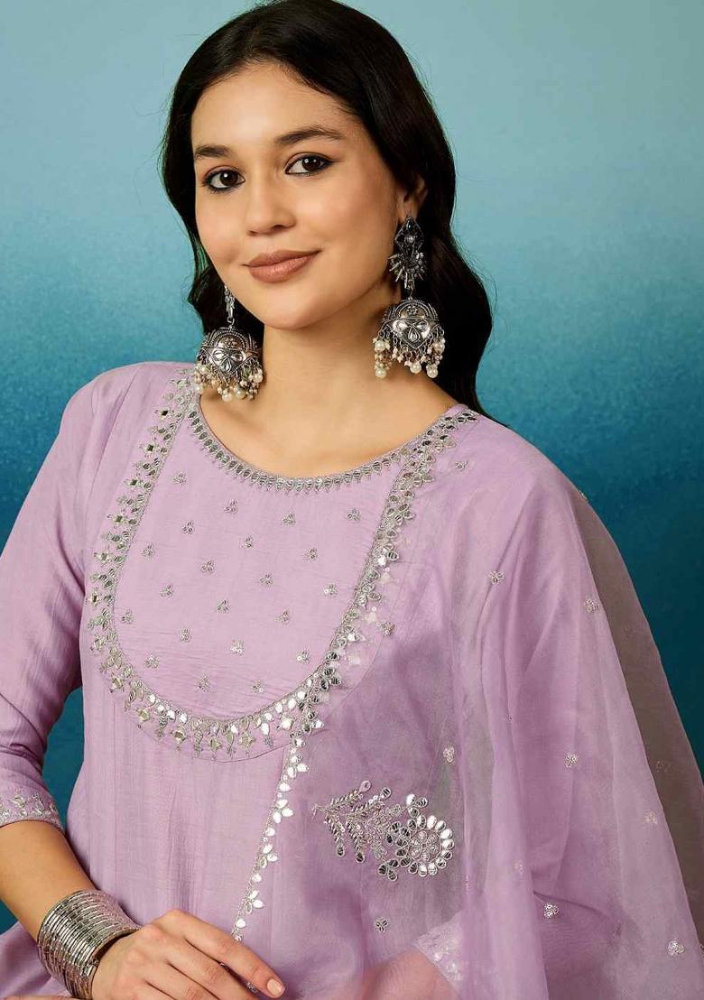 Lavender Embroidered Soft Silk Salwar Kameez With Dupatta