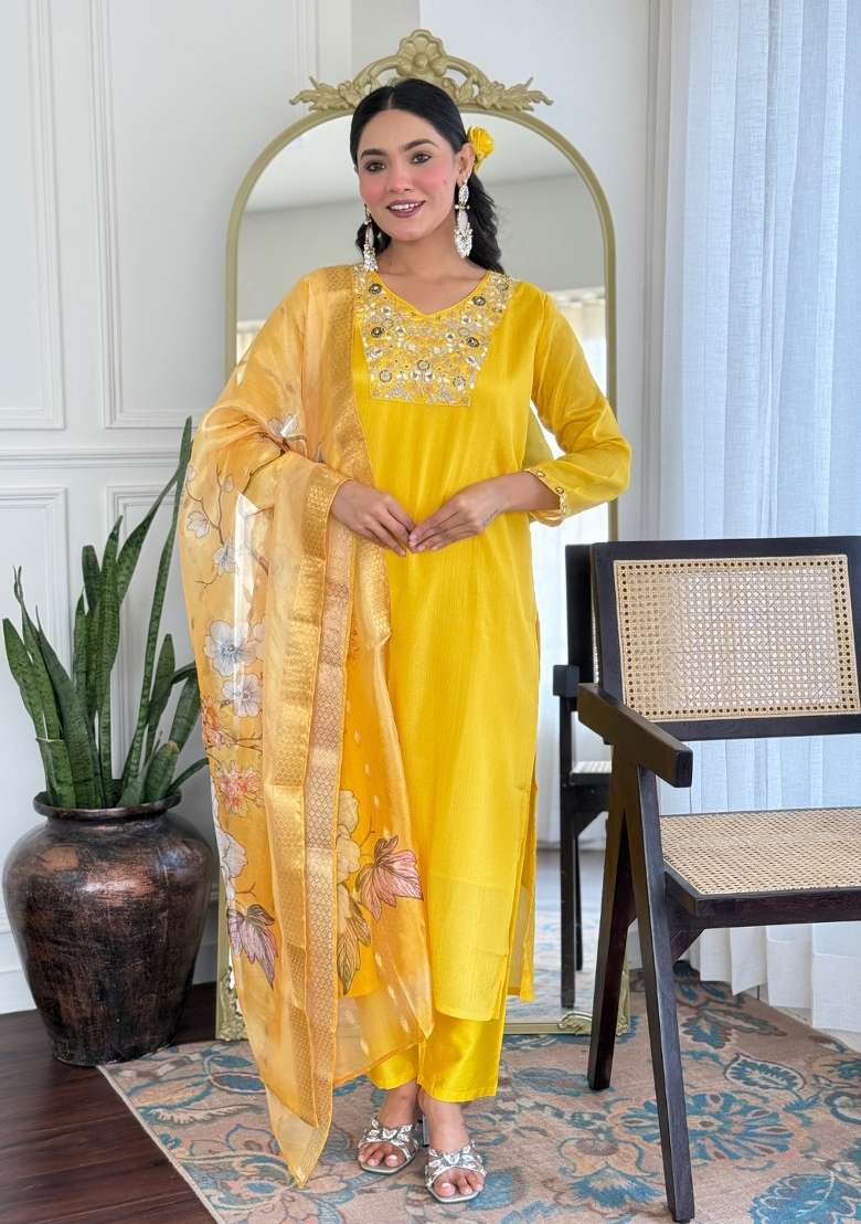 Yellow Embroidered Viscose Salwar Kameez With Dupatta - Indya