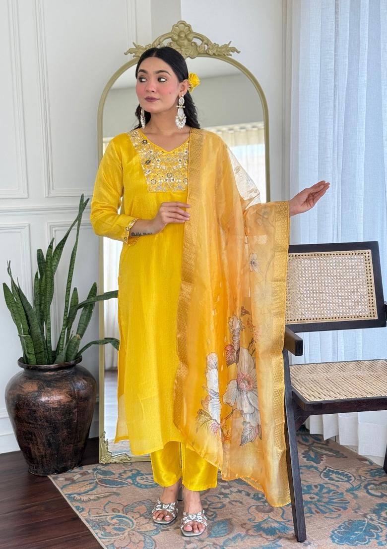 Yellow Embroidered Viscose Salwar Kameez With Dupatta