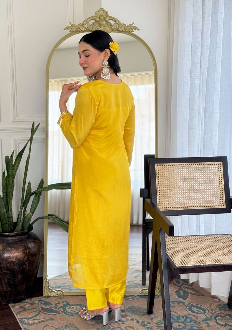 Yellow Embroidered Viscose Salwar Kameez With Dupatta - Indya