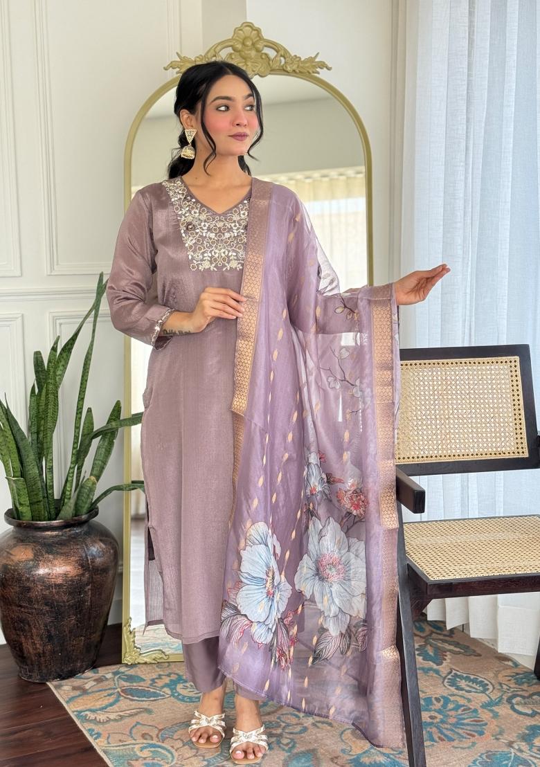 Onion Pink Embroidered Viscose Salwar Kameez With Dupatta
