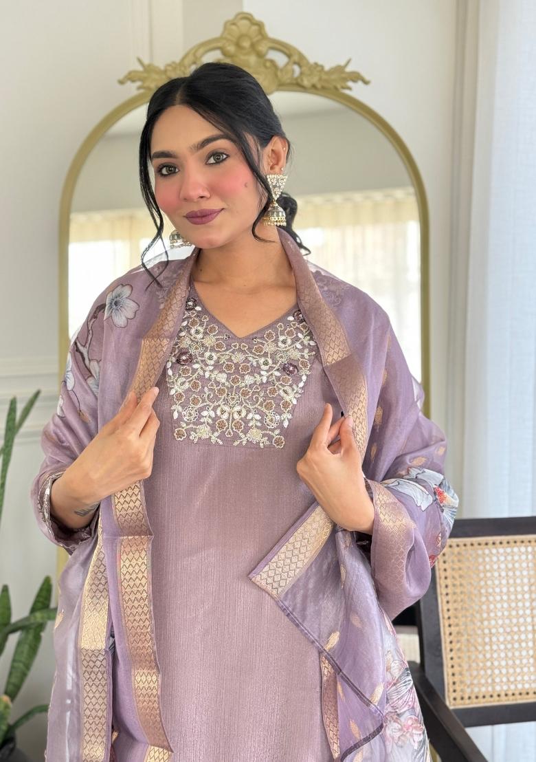 Onion Pink Embroidered Viscose Salwar Kameez With Dupatta