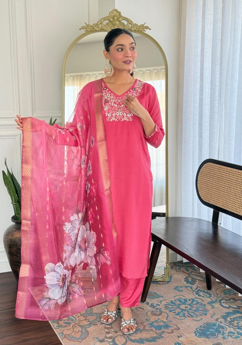 Gajari Pink Embroidered Viscose Salwar Kameez With Dupatta