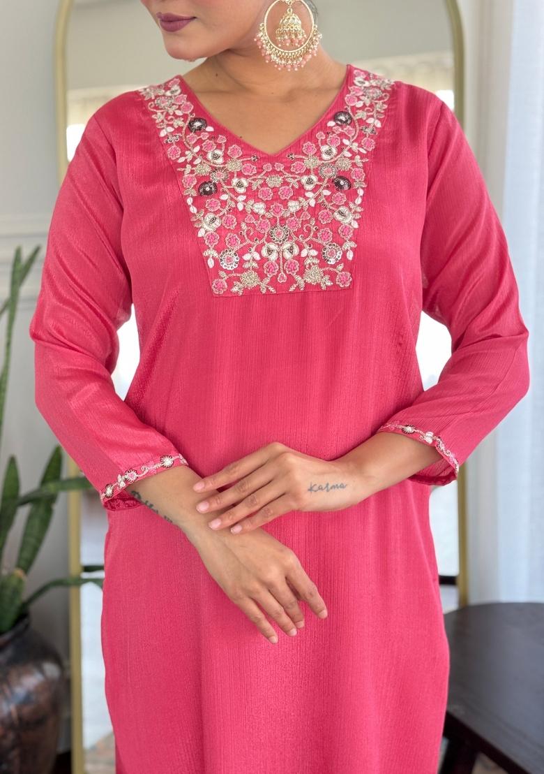 Gajari Pink Embroidered Viscose Salwar Kameez With Dupatta