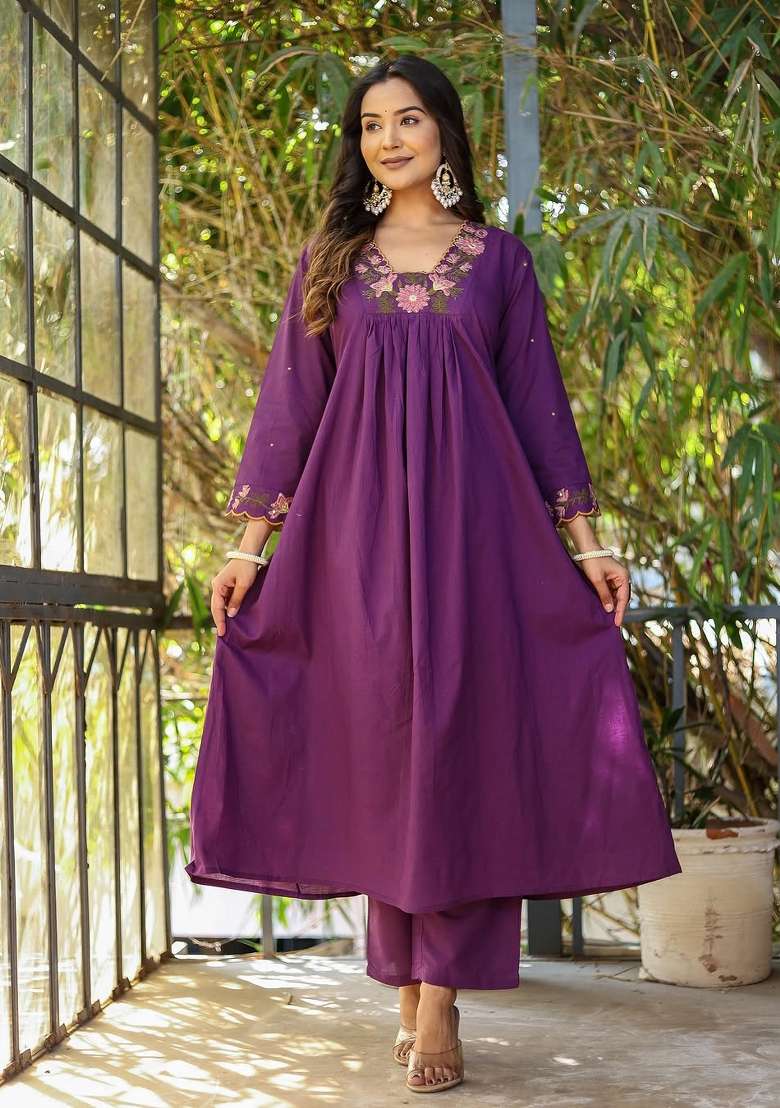 Purple Embroidered Soft Silk Salwar Kameez With Dupatta - Indya