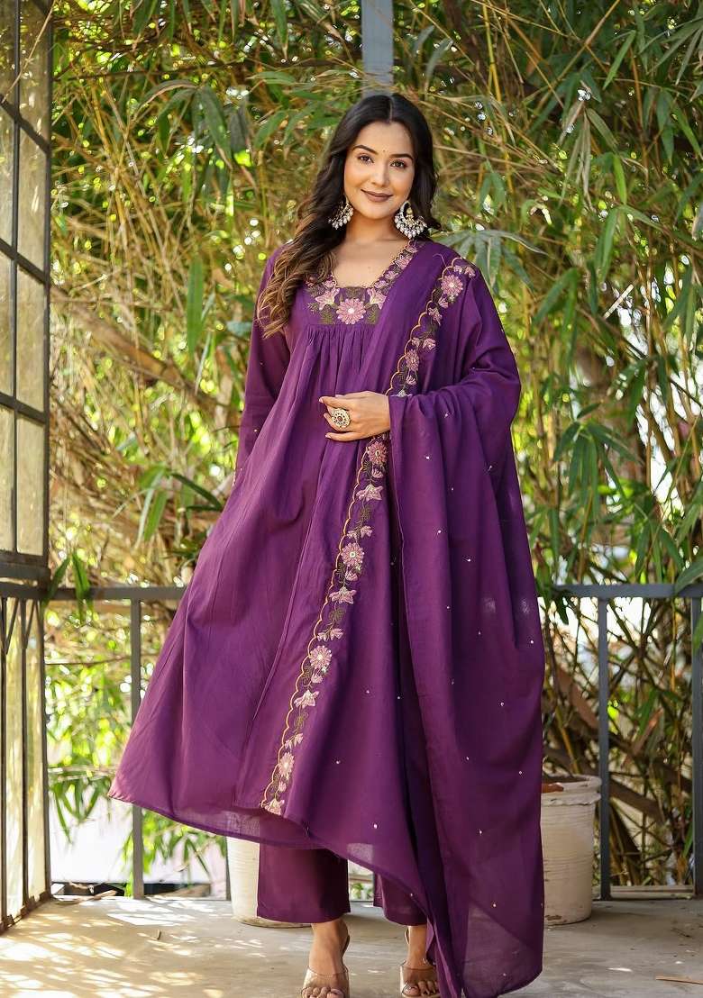 Purple Embroidered Soft Silk Salwar Kameez With Dupatta - Indya