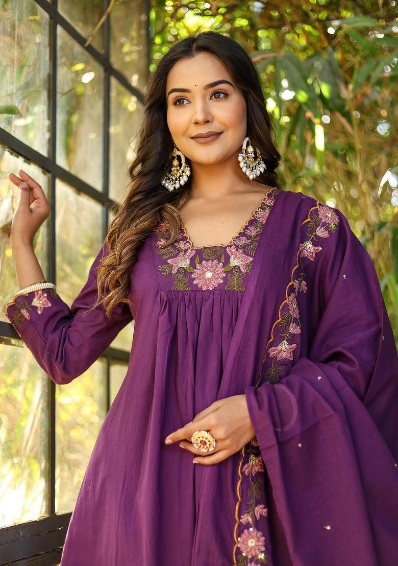 Purple Embroidered Soft Silk Salwar Kameez With Dupatta