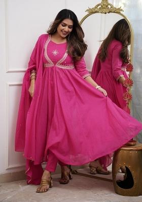 Red Embroidered Cotton Salwar Kameez With Dupatta