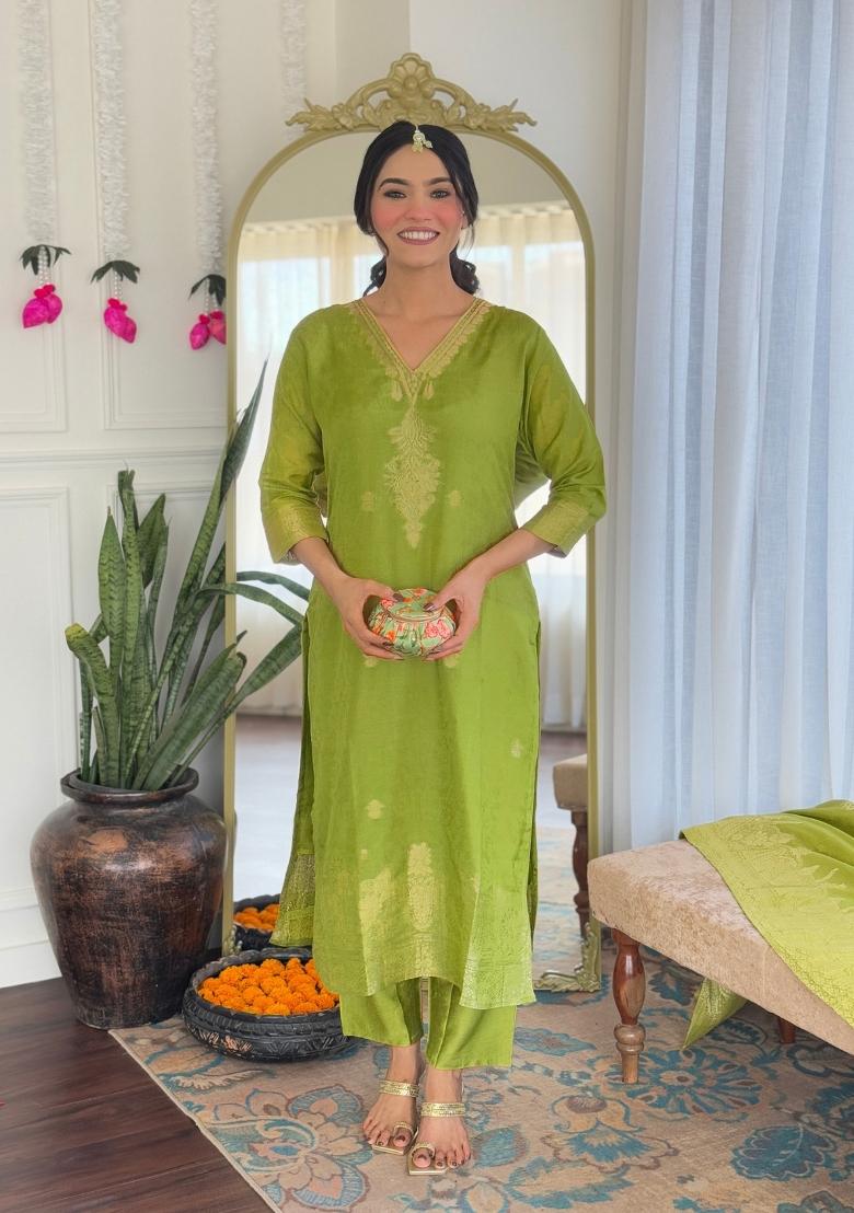 Green Thread Zari Work Viscose Salwar Kameez With Dupatta