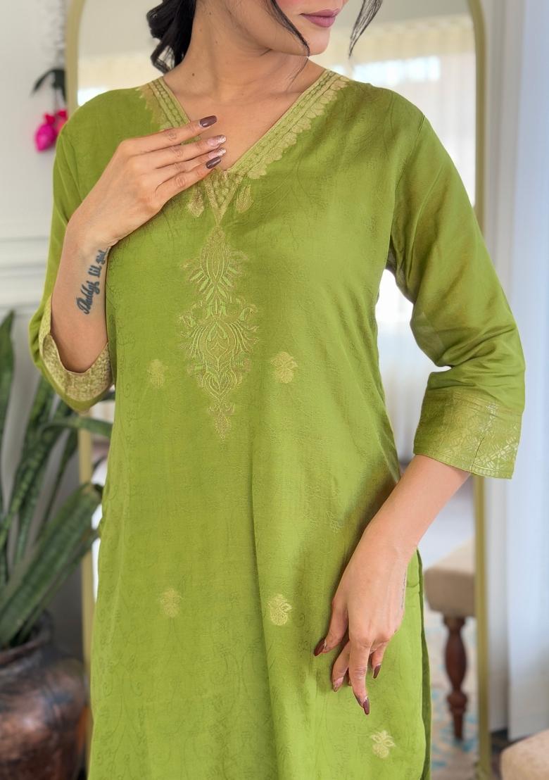 Green Thread Zari Work Viscose Salwar Kameez With Dupatta