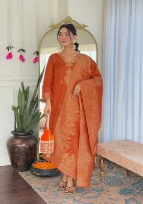 Orange Thread Zari Work Viscose Salwar Kameez With Dupatta