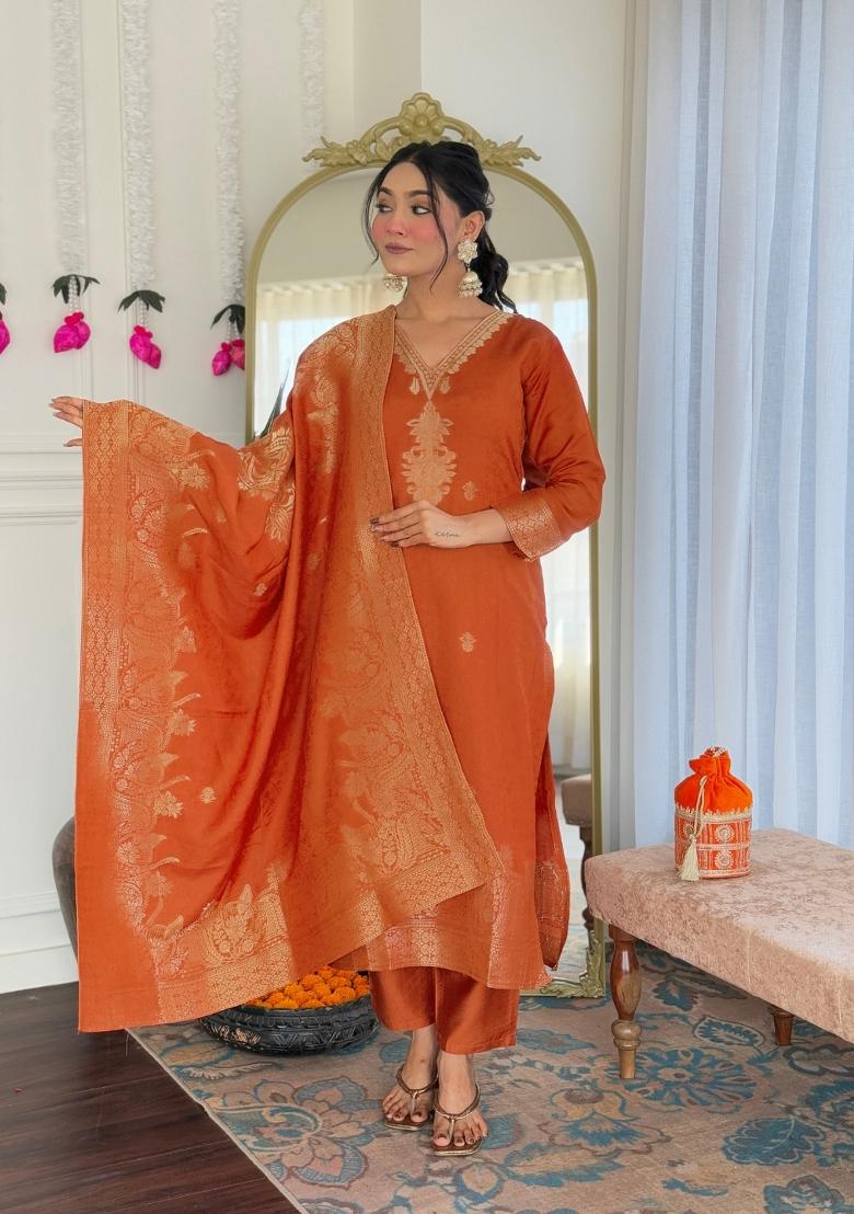 Orange Thread Zari Work Viscose Salwar Kameez With Dupatta