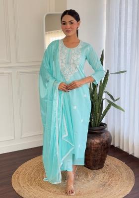 Sky Blue Embroidered Cotton Salwar Kameez With Dupatta
