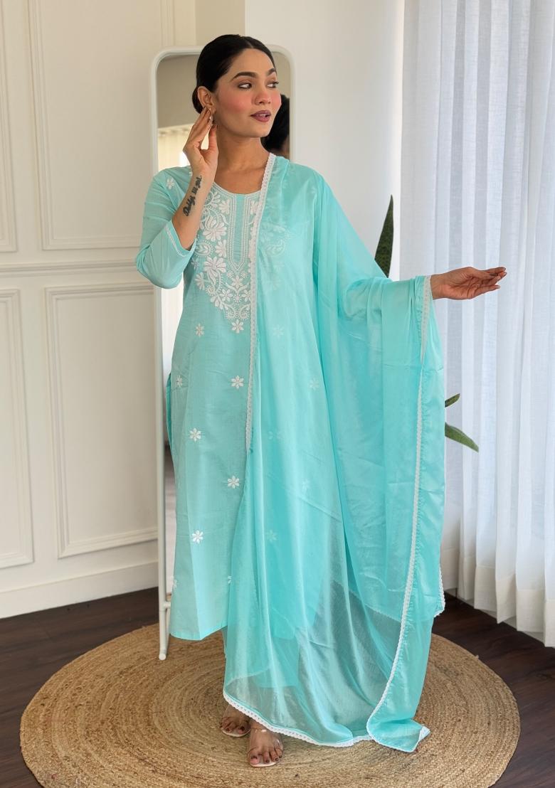 Sky Blue Embroidered Cotton Salwar Kameez With Dupatta
