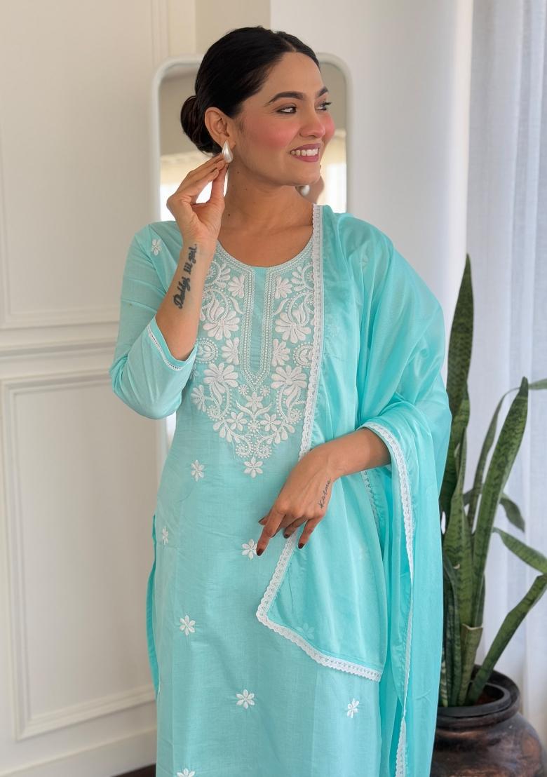 Sky Blue Embroidered Cotton Salwar Kameez With Dupatta
