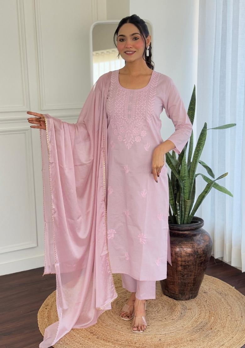 Pink Embroidered Cotton Salwar Kameez With Dupatta