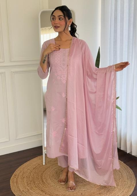 Pink Embroidered Cotton Salwar Kameez With Dupatta