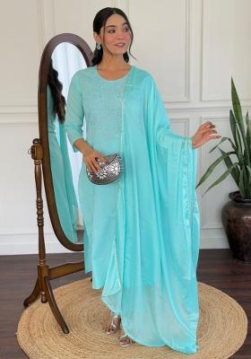 Sky Blue Embroidered Cotton Salwar Kameez With Dupatta