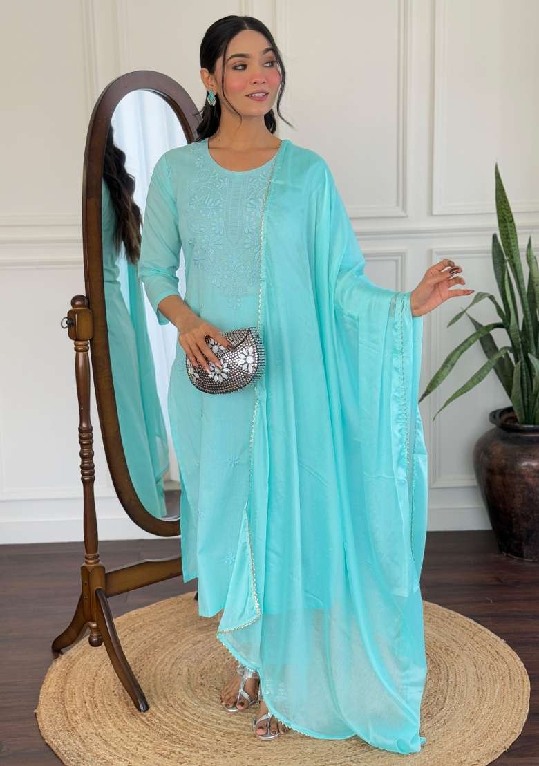 Sky Blue Embroidered Cotton Salwar Kameez With Dupatta - Indya