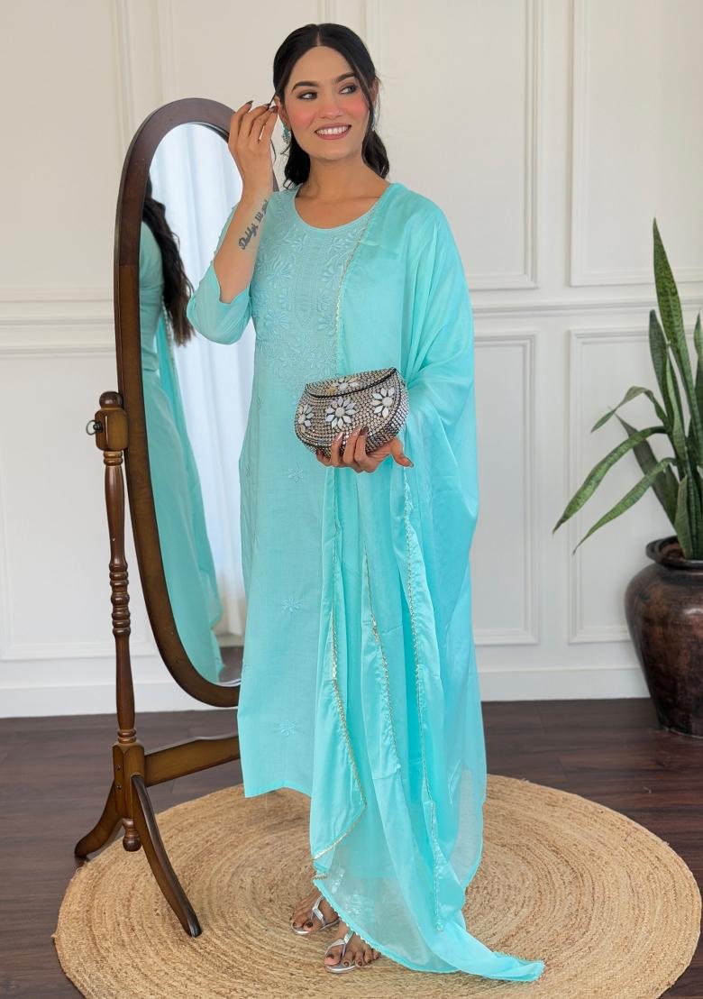 Sky Blue Embroidered Cotton Salwar Kameez With Dupatta