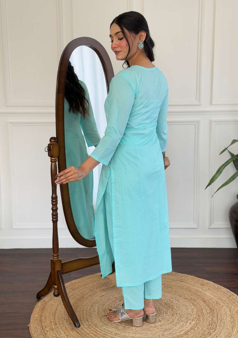 Sky Blue Embroidered Cotton Salwar Kameez With Dupatta - Indya