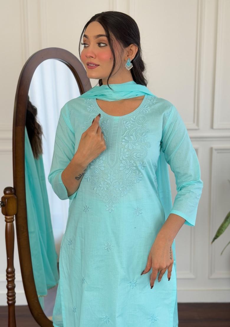 Sky Blue Embroidered Cotton Salwar Kameez With Dupatta