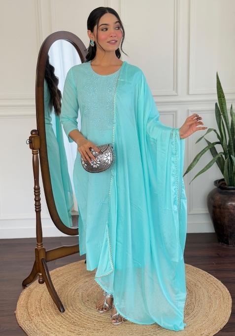 Sky Blue Embroidered Cotton Salwar Kameez With Dupatta