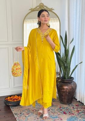 Yellow Embroidered Vichitra Silk Salwar Kameez With Dupatta
