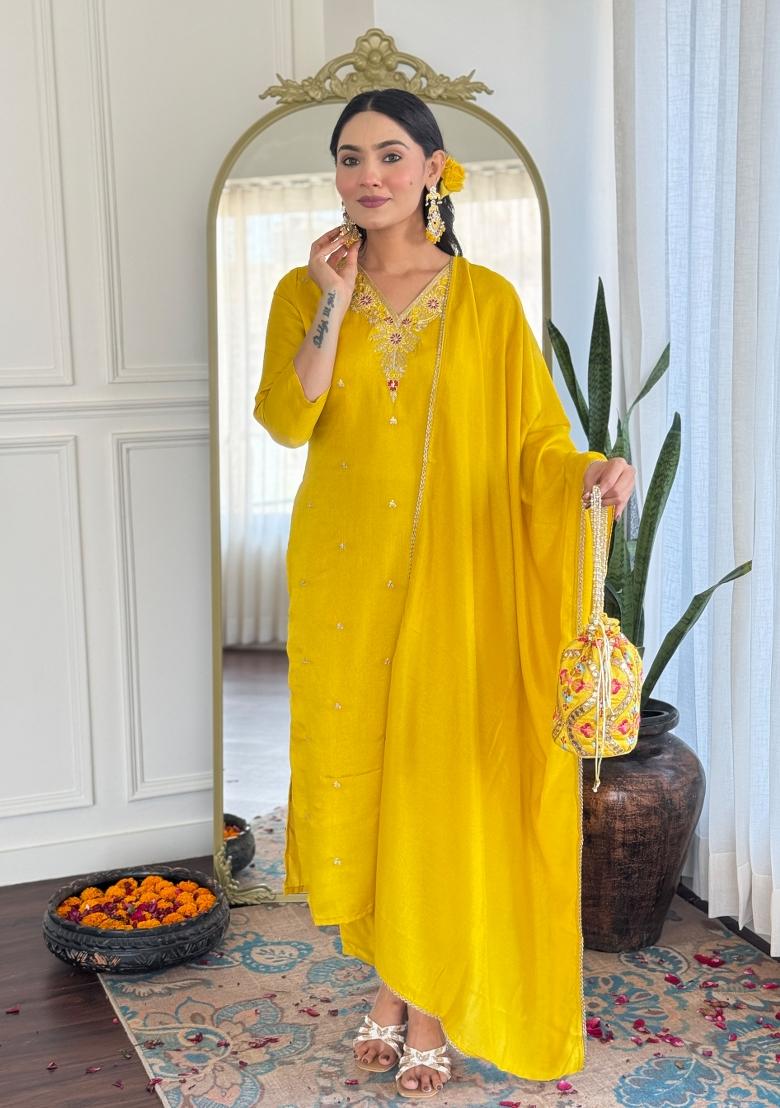 Yellow Embroidered Vichitra Silk Salwar Kameez With Dupatta
