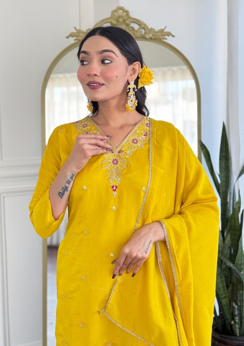 Yellow Embroidered Vichitra Silk Salwar Kameez With Dupatta