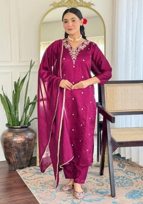 Wine Embroidered Vichitra Silk Salwar Kameez With Dupatta