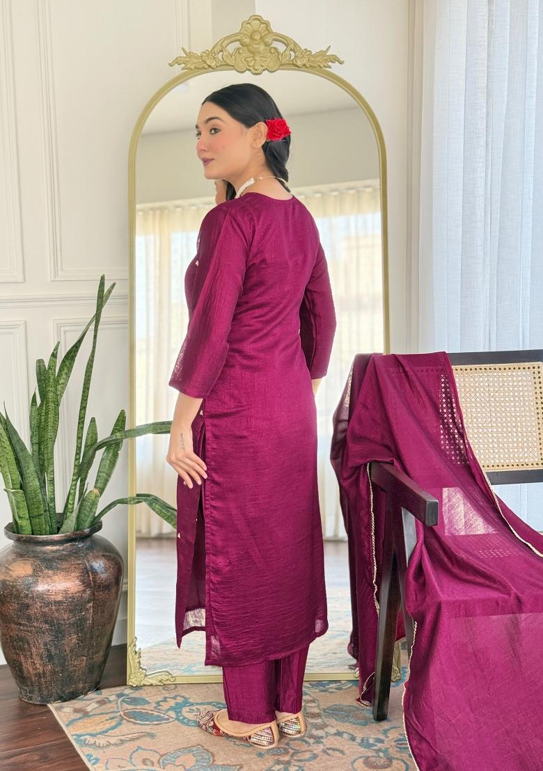 Wine Embroidered Vichitra Silk Salwar Kameez With Dupatta