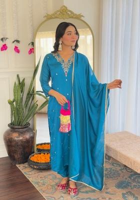 Blue Embroidered Vichitra Silk Salwar Kameez With Dupatta