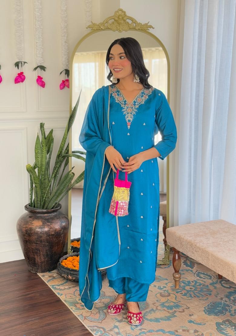 Blue Embroidered Vichitra Silk Salwar Kameez With Dupatta