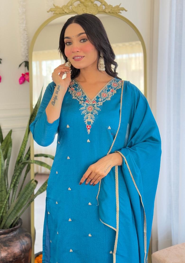 Blue Embroidered Vichitra Silk Salwar Kameez With Dupatta