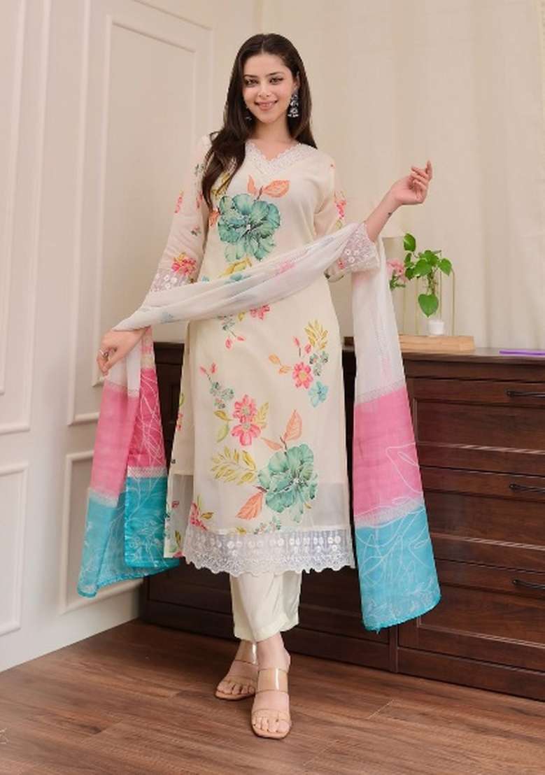 White Embroidered Nylon Salwar Kameez With Dupatta - Indya