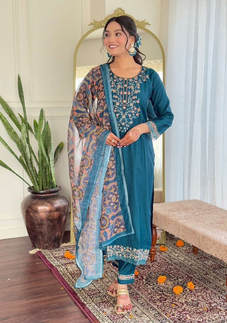 Blue Embroidered Chanderi Silk Salwar Kameez With Dupatta - Indya
