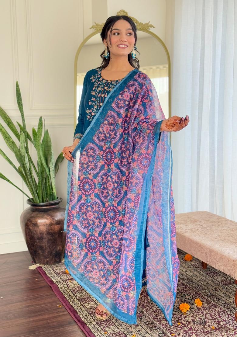 Blue Embroidered Chanderi Silk Salwar Kameez With Dupatta