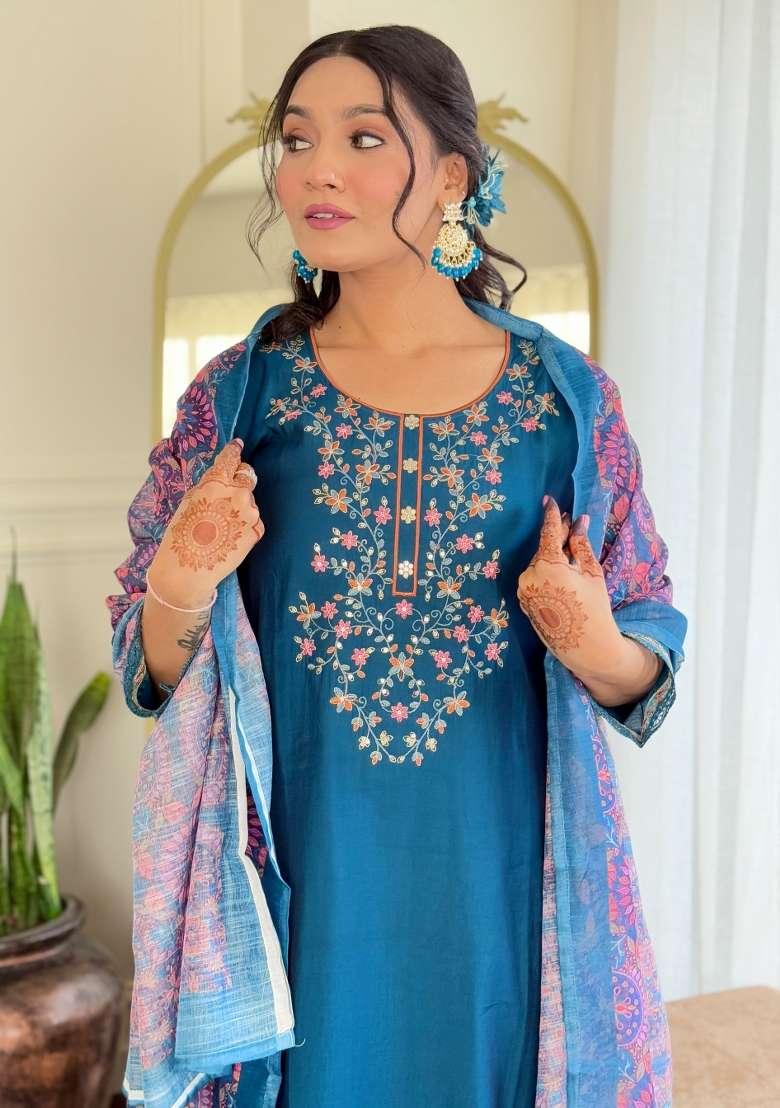 Blue Embroidered Chanderi Silk Salwar Kameez With Dupatta - Indya