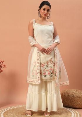 Cream Embroidered Georgette Shararra Set With Dupatta