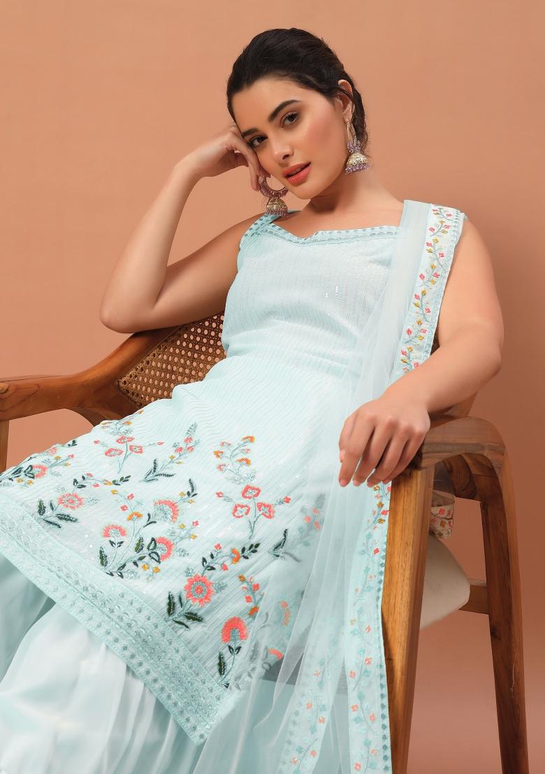 Sky Blue Embroidered Georgette Shararra Set With Dupatta